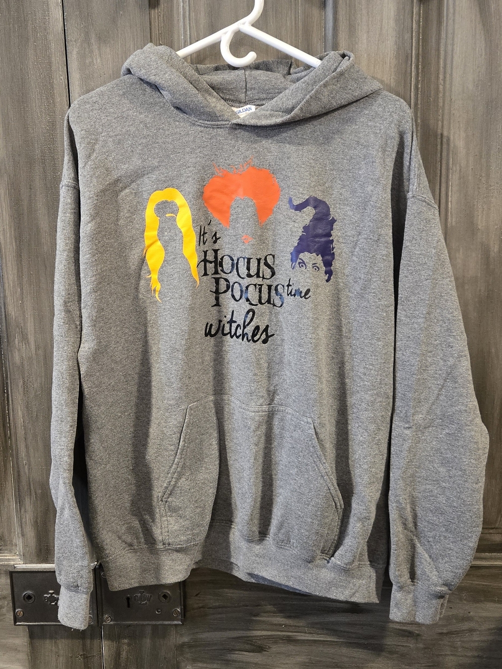 Gildan Gray Hoodie with Orange, Yellow & Purple Hocus Pocus Witches Graphic